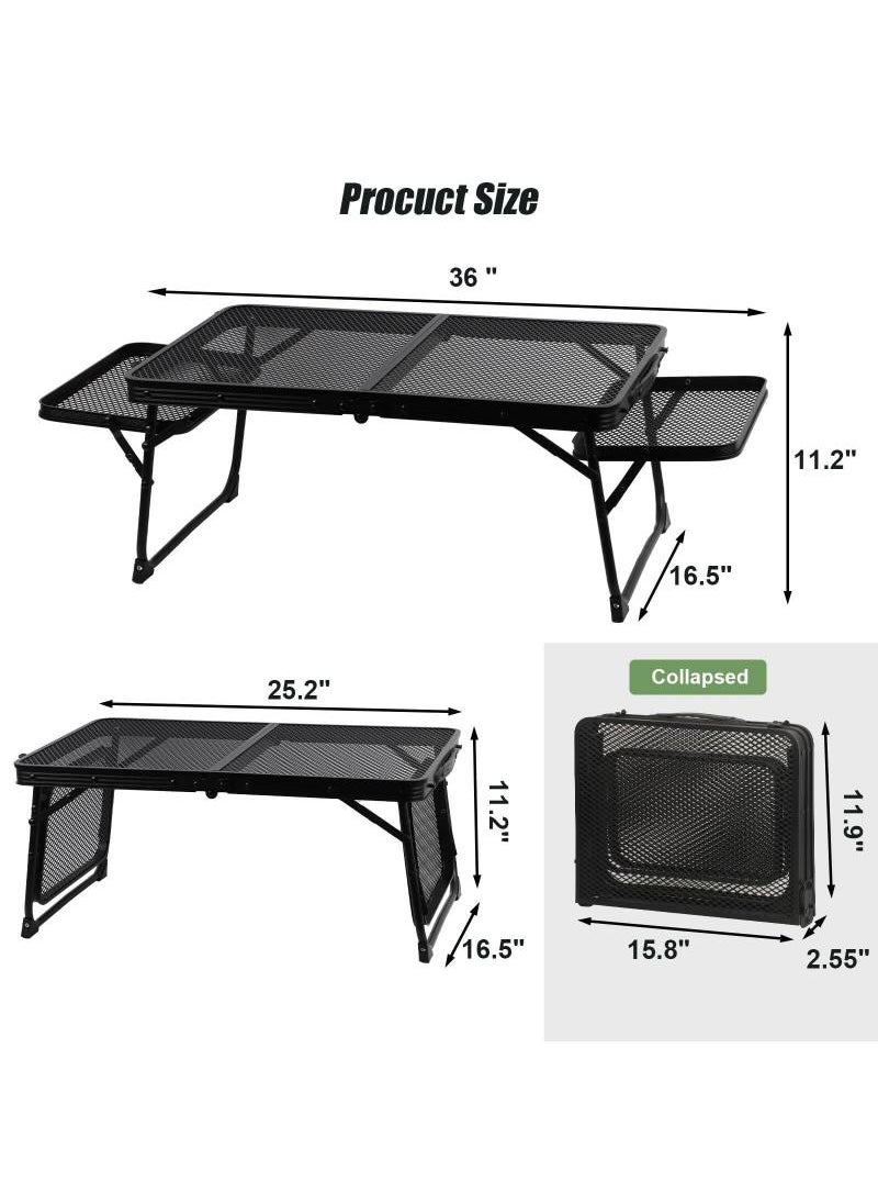 Outdoor Folding Table Camping Barbecue Table Portable Multifunctional Camping Table With 2 Side Panels Folding Picnic Table Sturdy Metal Mesh Tabletop Easy To Carry Waterproof And Heat-Resistant Black