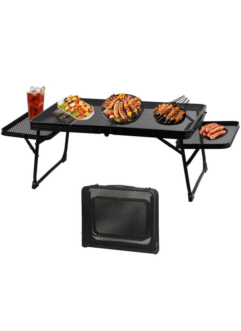 Outdoor Folding Table Camping Barbecue Table Portable Multifunctional Camping Table With 2 Side Panels Folding Picnic Table Sturdy Metal Mesh Tabletop Easy To Carry Waterproof And Heat-Resistant Black