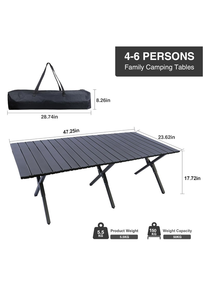 Folding Camping Table, Lightweight Roll-Up Table Aluminum Low Portable Picnic Table with Easy Carrying Bag for Outdoor, Beach, Picnic, Backyards, BBQ and 47.3