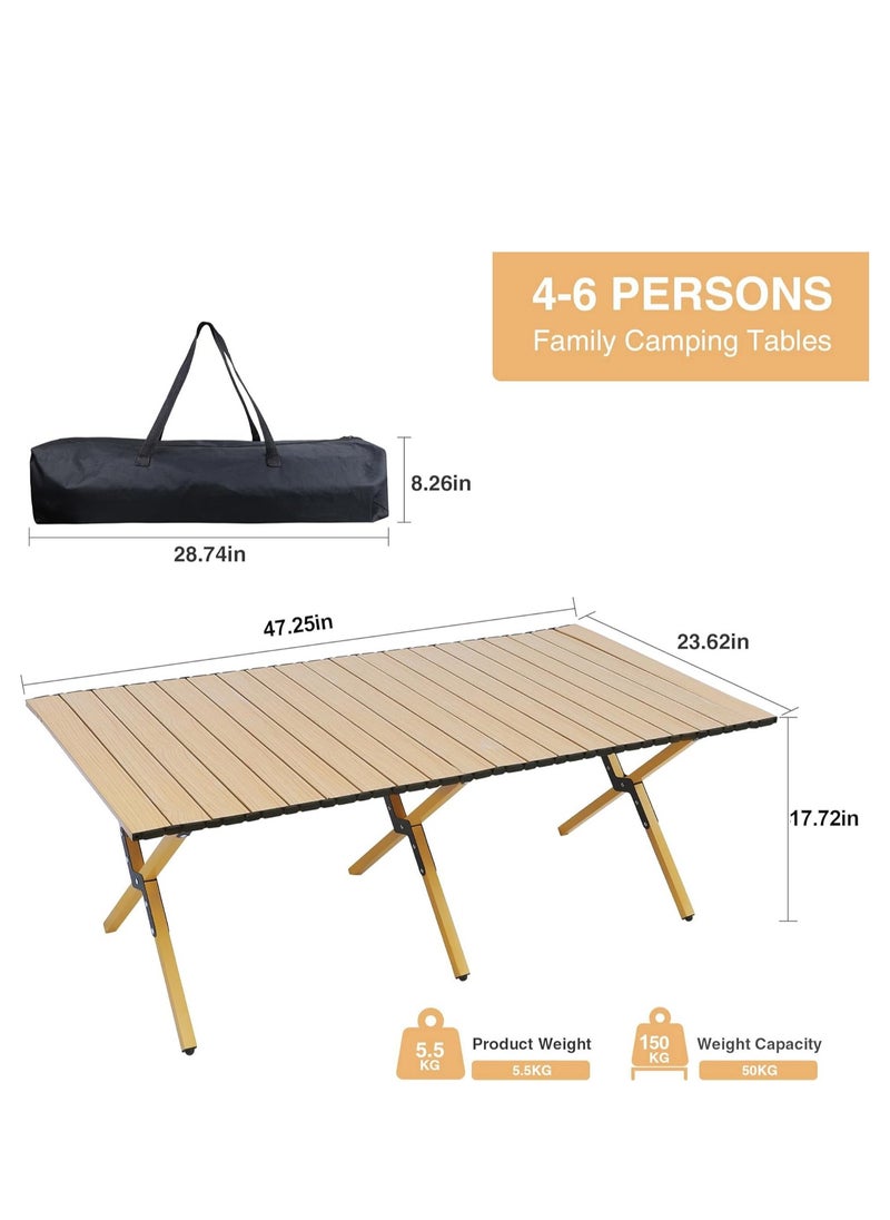 Folding Camping Table, Lightweight Roll-Up Table Aluminum Low Portable Picnic Table with Easy Carrying Bag for Outdoor, Beach, Picnic, Backyards, BBQ and 47.3