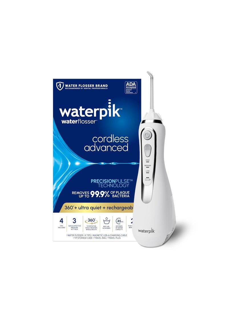 Waterpik Cordless Advanced 2.0 Water Flosser For Teeth, Gums, Braces, Dental Care With Travel Bag and 4 Tips, ADA Accepted, Rechargeable, Portable, and Waterproof, White WP-580, Packaging May Vary