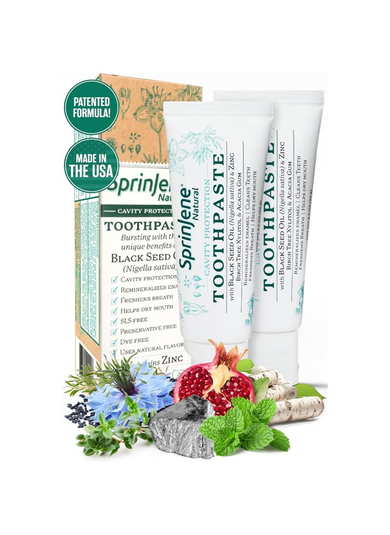 SprinJene Natural SLS Free Toothpaste with Fluoride for Cavity Protection,Gum Health, Fresh Breath & Helps Dry Mouth for Adults Toxic Free,Preservative Free with Patented Black Seed Oil & Zinc(2 Pack)