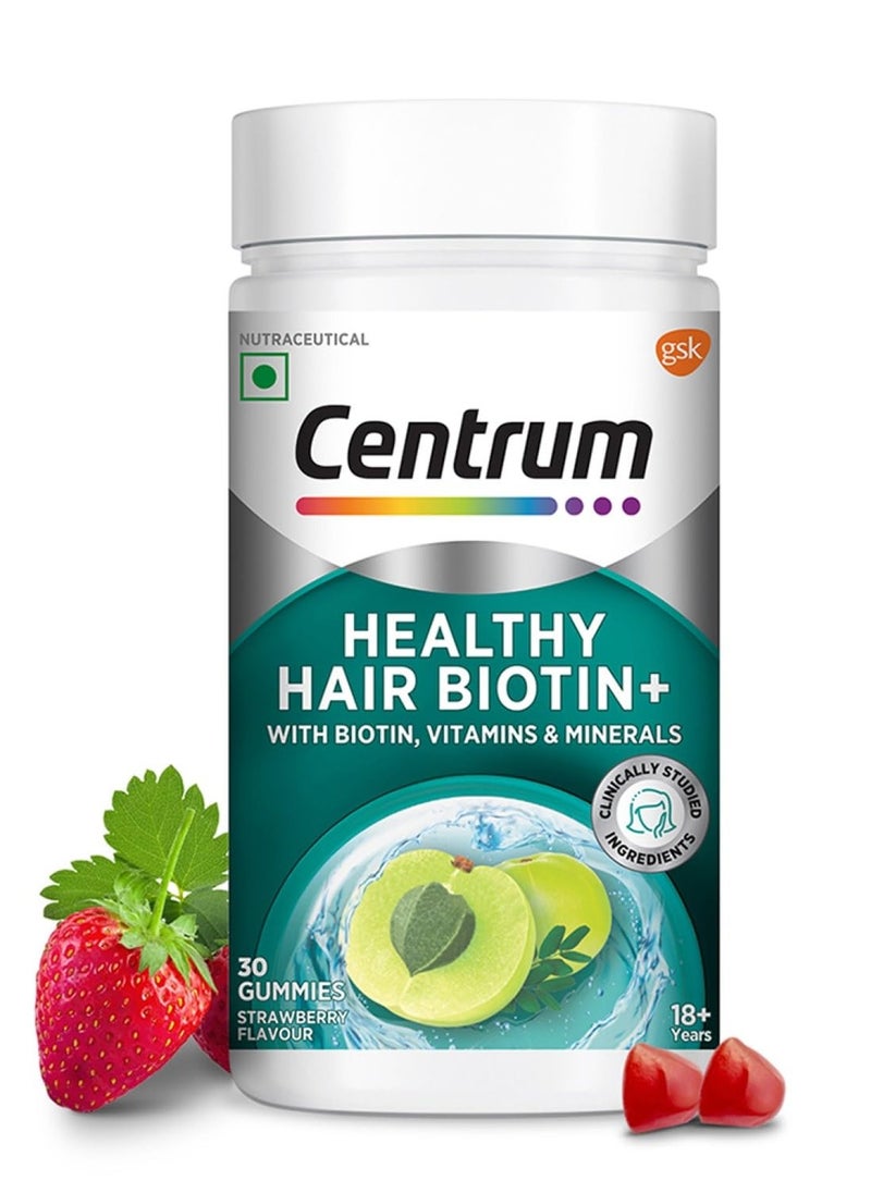 Healthy Hair Biotin - 30 Gummies for Men & Women - 100% RDA of Biotin, Amla, Vitamins & Minerals - 100% Veg