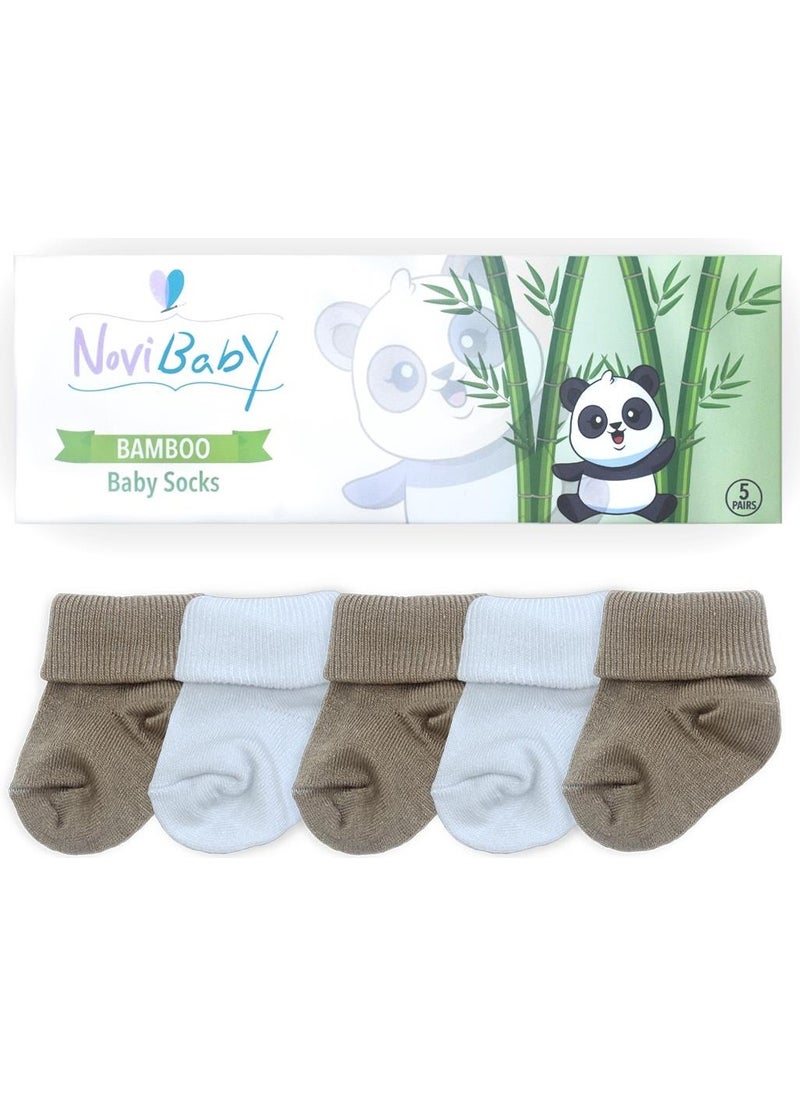 5-Piece Bamboo Newborn Baby Socks I White Beige I 0-6 Months