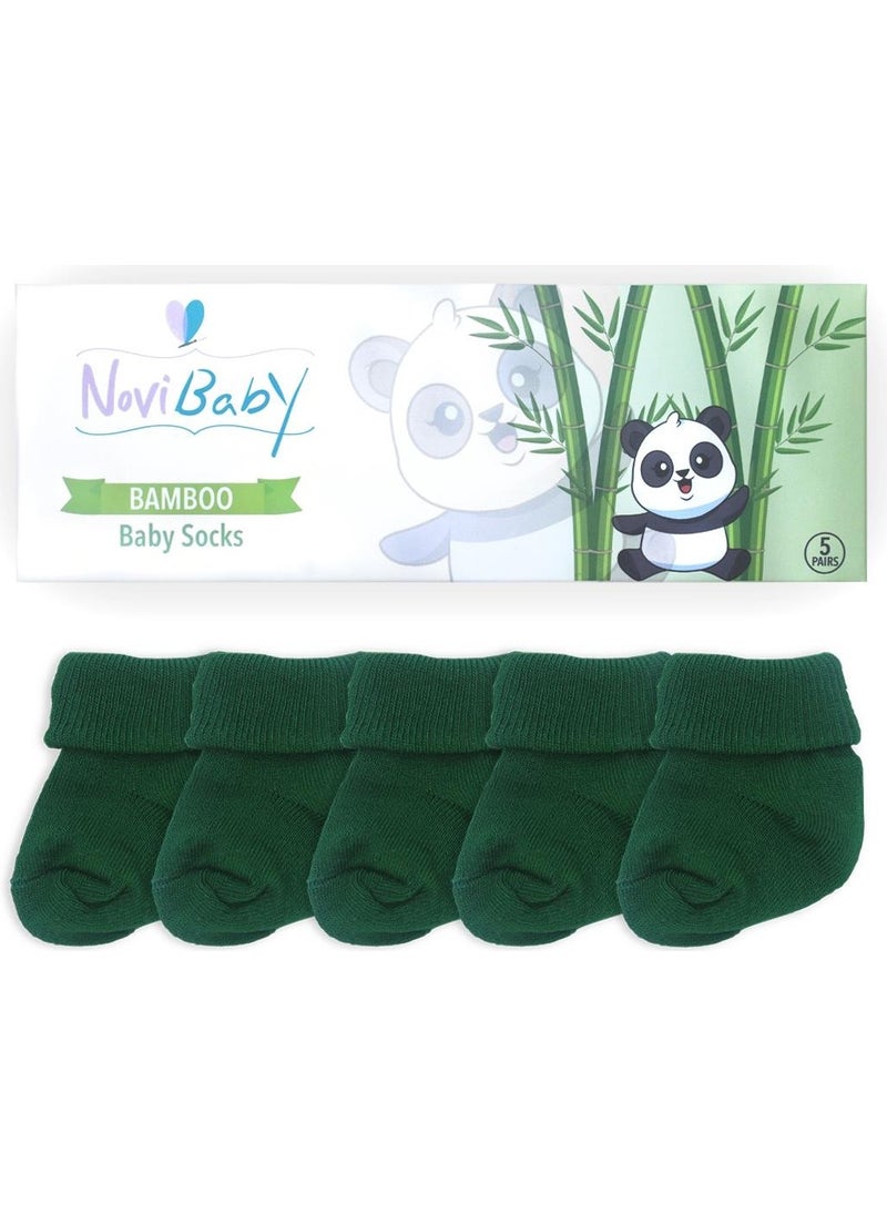 5-Piece Bamboo Newborn Baby Socks I Pine Green I 0-6 Months