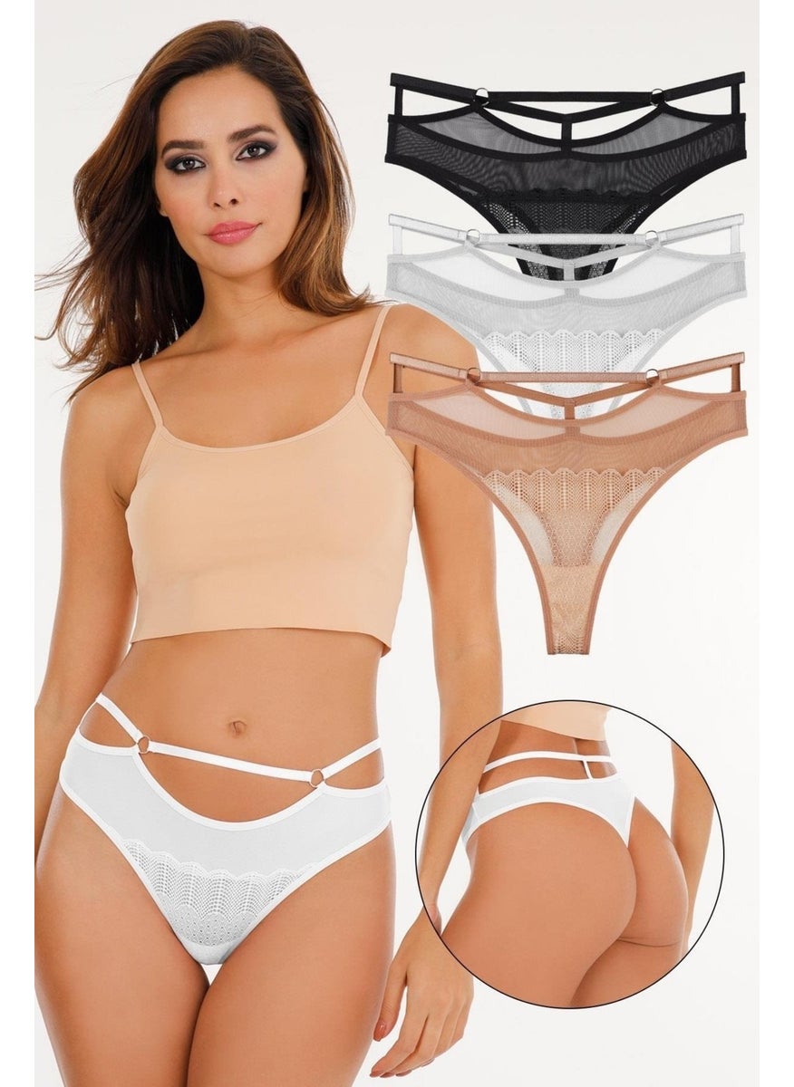 Women's Lace and Tulle Detailed String Waist Thong 3-Piece Panties Set - KTS2067