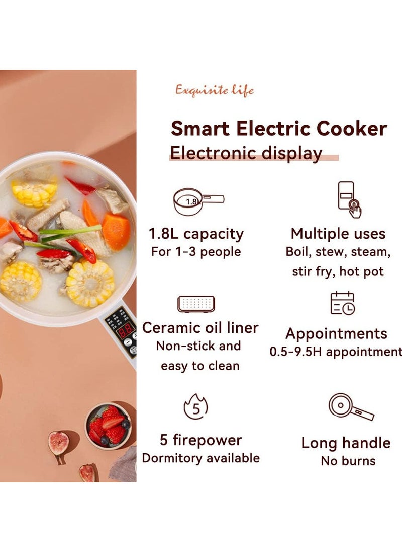 Electric Hot Pot Cooker Steamer 1.8L Multifunctional Nonstick Pan Dormitory Office Portable Ramen Cooker Steamer Boil Dry Protection Suitable For Noodles Steak Cooker Eggs StirFrying