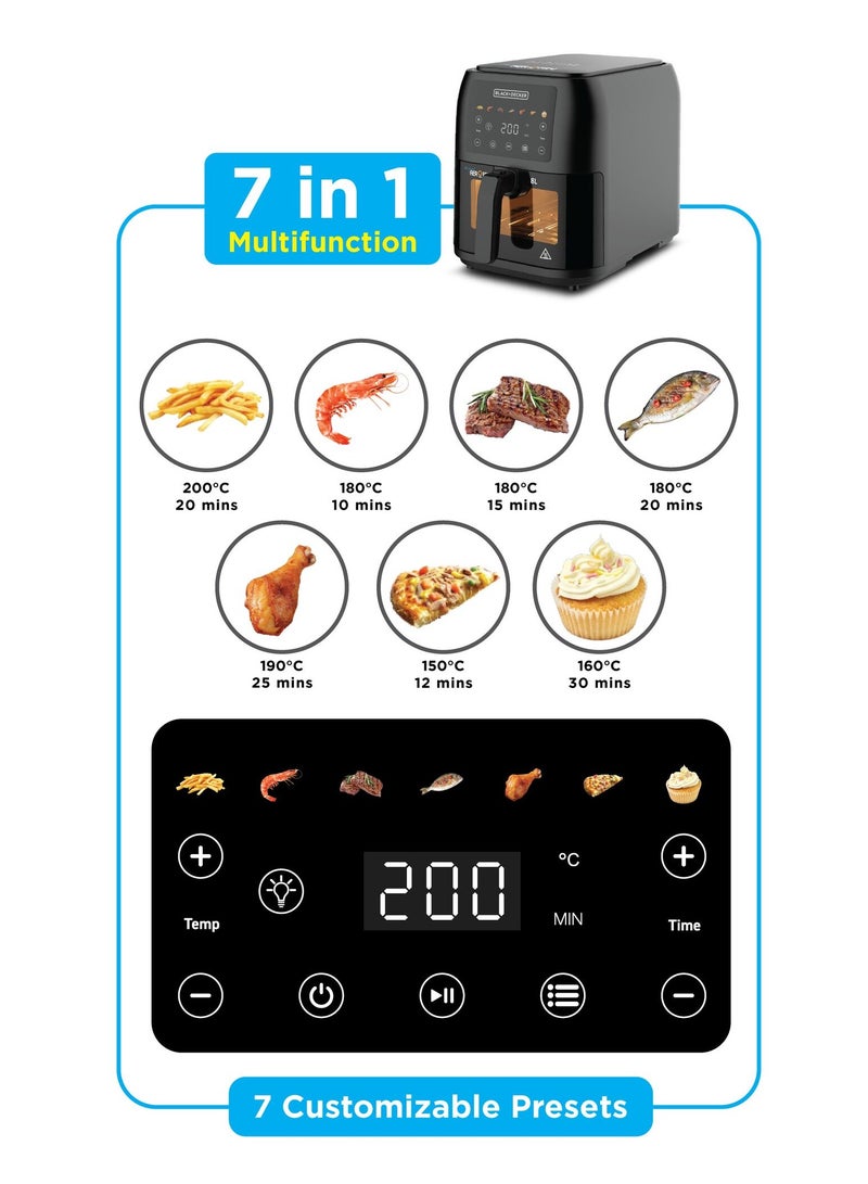 Air Fryer, 1700W, 8L Large Capacity, Digital Touch Control, 7 Preset Functions, Adjustable Temperature 80-200°C & Timer, Rapid Air Convection, Removable Crisper Plate 8 L 1700 W SAF80W-B5 Black