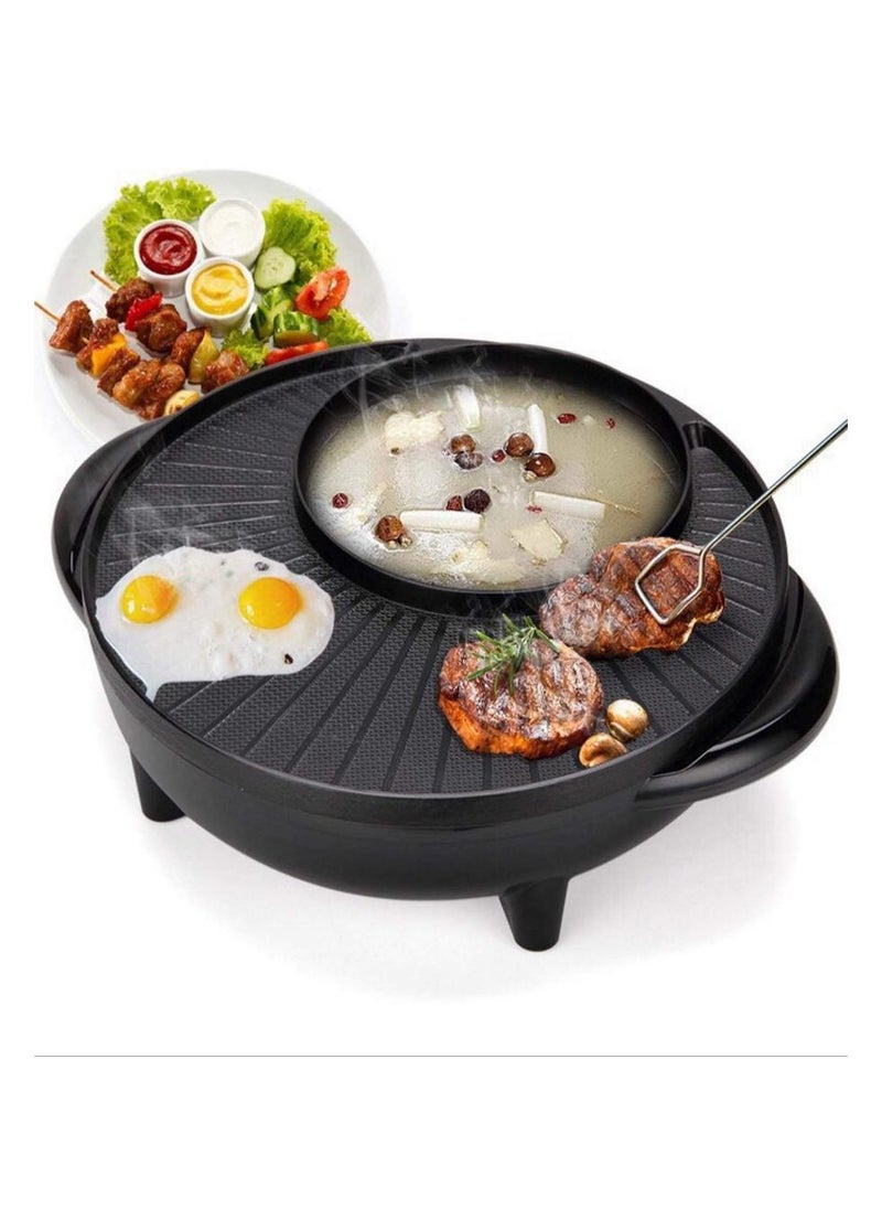 Electric 2 in 1 Hot Pot Grill, Barbecue Smoke free Grill Barbecue Hot Pot Double Pot Smokeless Shabu Korean BBQ Grill for Simmer, Boil, Fry, Roast (Black)