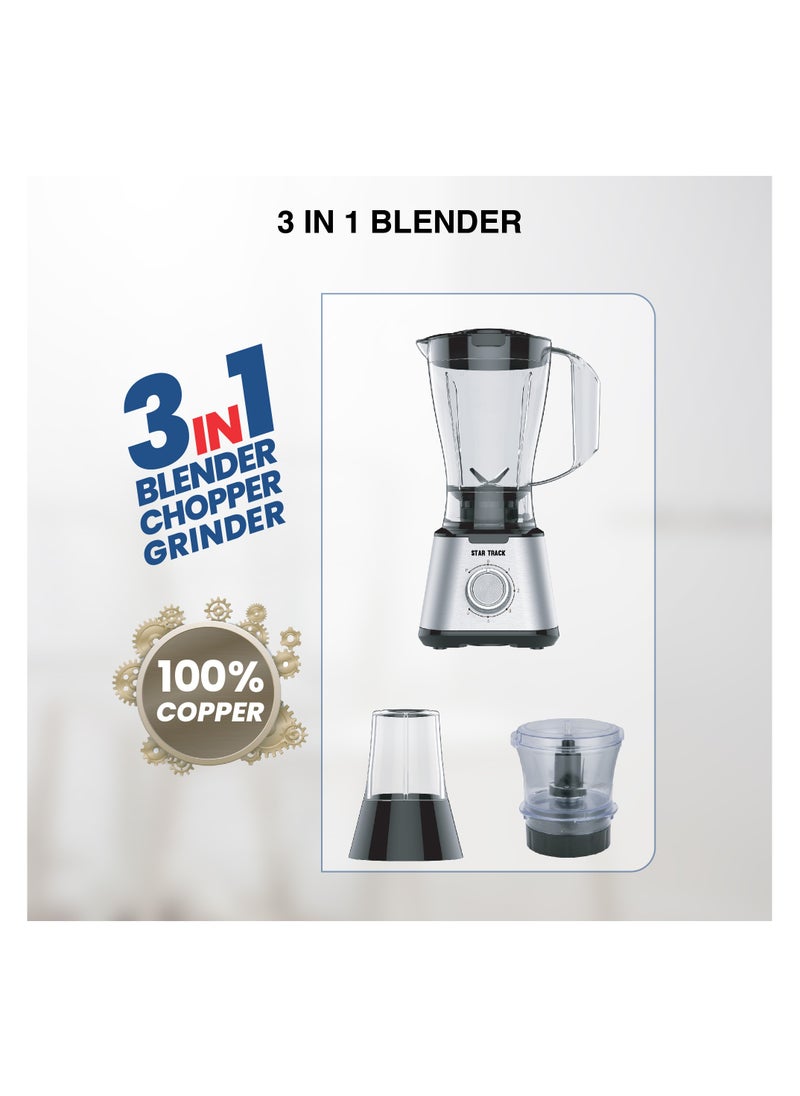 STAR TRACK 3in1 Blender, Chopper & Grinder ST-15ID-B600, 600W, 1.5L Glass Jug, 5Speed with Pulse, Anti-Slip, Low Power Consumption, Premium, Silver