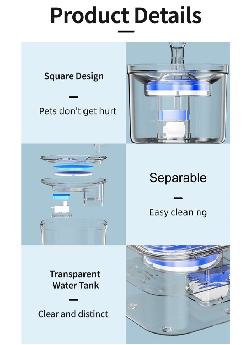 Pet Water Dispenser Transparent Automatic Circulation 2L Water Fountain Cat Dog Water Drinking Bowl