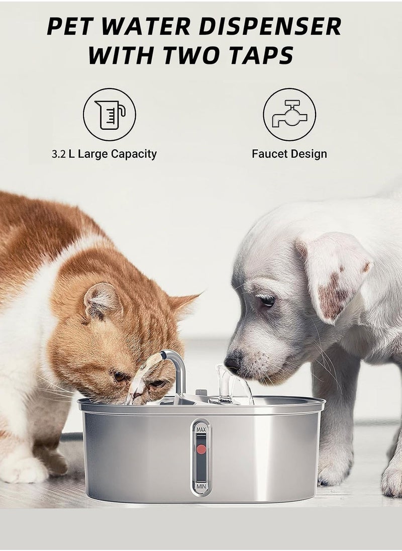 3.2L Pet Water Dispenser Stainless Steel Double Bowl Fountain Cat Dog Smart Water Feeder Large Capacity