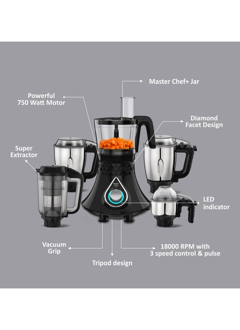 Preethi Zodiac Cosmo MG236 Mixer Grinder 750 watt with 5 Jars Includes Super Extractor juicer Jar & Master Chef + Food Processor Jar, Black