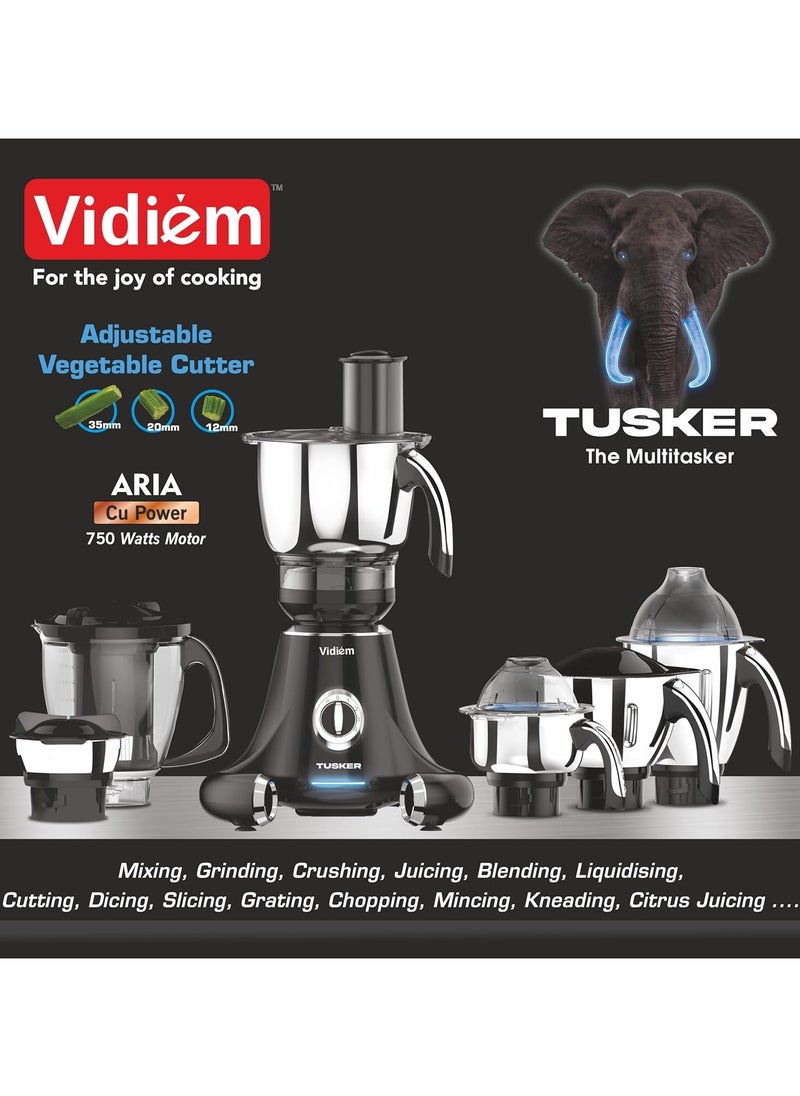 Vidiem Mixer Grinder 608 A Tusker | Mixer grinder 750 watt with 3 Jars & 1 Juicer Mixer Grinder, 1 Multi chef | 4 Leakproof Jars with self-lock for wet & dry spices, chutneys | 5 Years Warranty