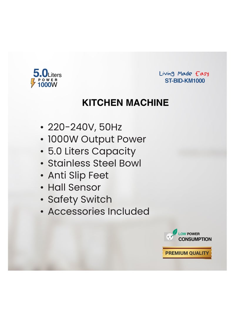 STAR TRACK Kitchen Machine ST-BID-KM1000, 1000W, 5.0L Stainless Steel Bowl, Dough Hook, Beater & Whisk, Premium Quality