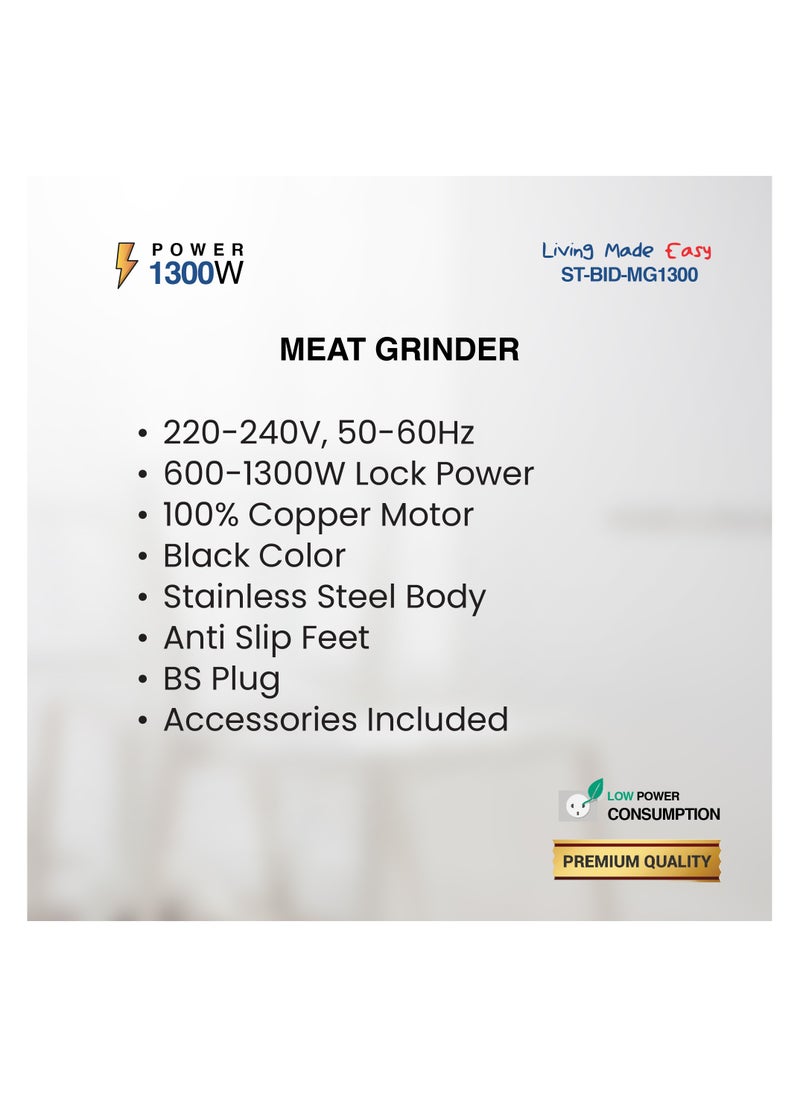 STAR TRACK Meat Grinder ST-BID-MG1300, 1300W Lock Power, 100% Copper Motor, Stainless Steel Body, Sausage Nozzles & Shredding Blades, Premium Quality