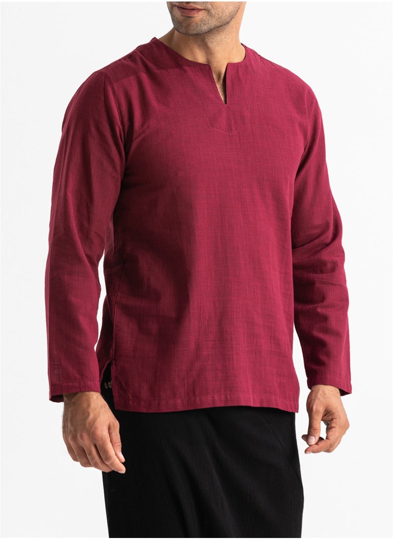 Long Sleeve Şile Cloth Crew Neck Men's Tshirt Dark Claret Red 3068