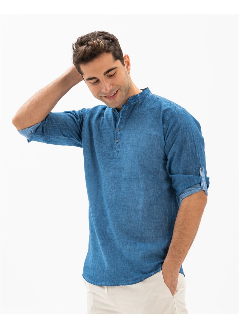 Long Sleeve Şile Cloth Bodrum Men's T-Shirt Jeans Blue 9011