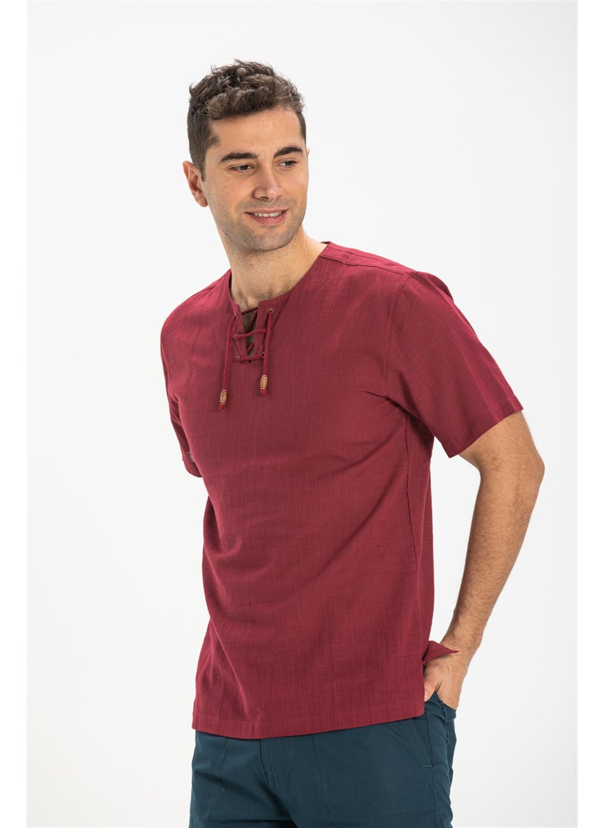 Short Sleeve Şile Cloth Stapled Men's Tshirt Dark Claret Red 3068