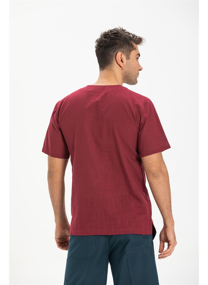 Short Sleeve Şile Cloth Stapled Men's Tshirt Dark Claret Red 3068