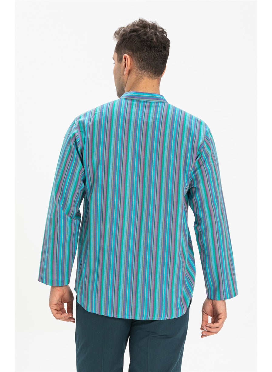 Long Sleeve Şile Cloth Single Pocket Classic Collar Men's Tshirt Turquoise Striped 3071