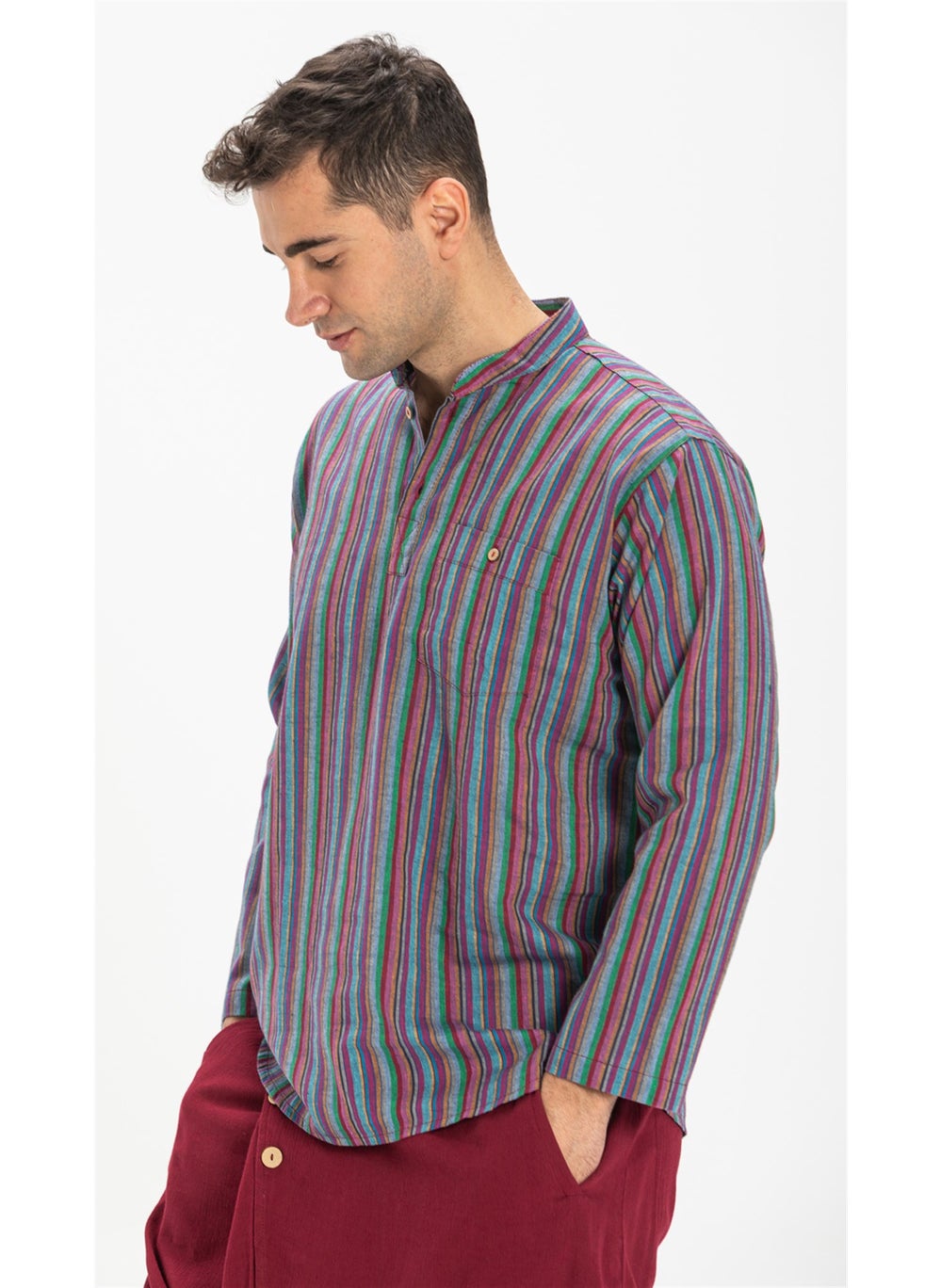 Long Sleeve Şile Cloth Single Pocket Judge Collar Men's Tshirt Purple Striped 3072