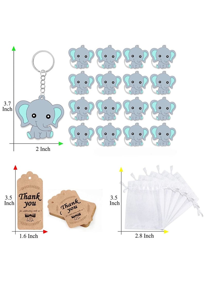 Baby Shower Guest Gift, 20 Sets of Blue Baby Elephant Keychains 20 Organza Bags 20 Thank You Tags, Ideas Presents Party Favors Boy Girl Kid Birthday Party Supply, Baby Birthday Party Keepsakes