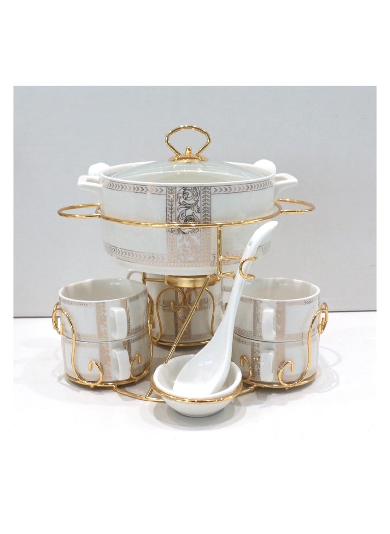 Shallow Bone China Porcelain 17-Piece Soup Set - White and Gold Elegance - CX1526-Y165