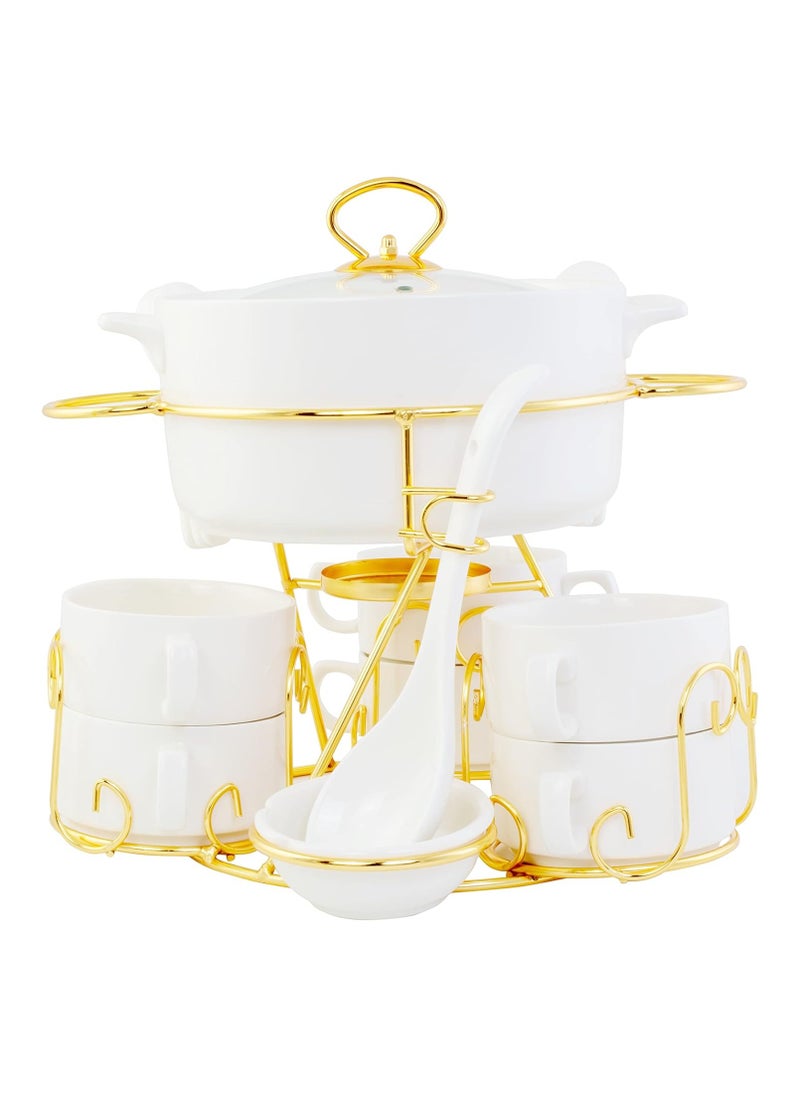 Shallow Bone China Porcelain 17-Piece Soup Set - White and Gold Elegance - CX1526-WH