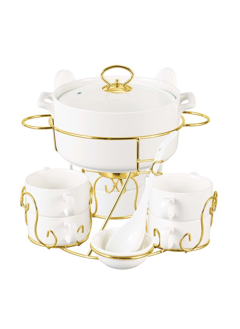 Shallow Bone China Porcelain 17-Piece Soup Set - White and Gold Elegance - CX1526-WH