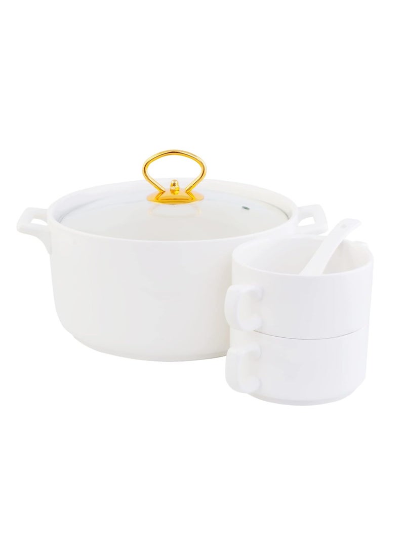 Shallow Bone China Porcelain 17-Piece Soup Set - White and Gold Elegance - CX1526-WH