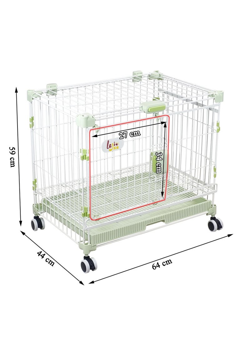 Dog cage with Double door design, Metal wire, Sturdy and Durable, Portable dog kennel with Pull-out tray, Secure lock, and Universal wheels, Dog playpen for small dog, Easy to install 64cm (Green)