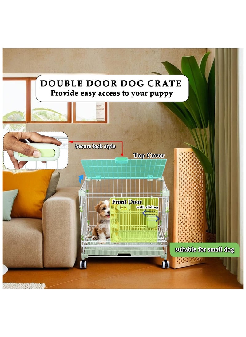 Dog cage with Double door design, Metal wire, Sturdy and Durable, Portable dog kennel with Pull-out tray, Secure lock, and Universal wheels, Dog playpen for small dog, Easy to install 64cm (Green)