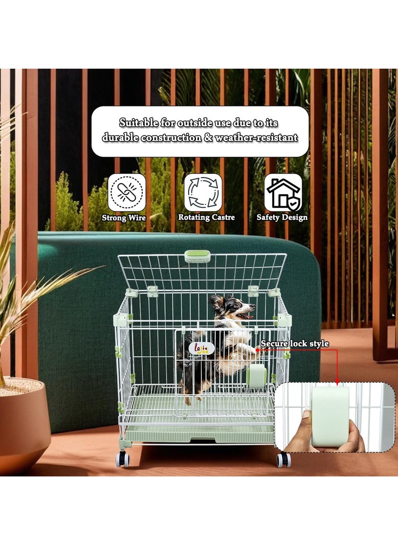 Dog cage with Double door design, Metal wire, Sturdy and Durable, Portable dog kennel with Pull-out tray, Secure lock, and Universal wheels, Dog playpen for small dog, Easy to install 64cm (Green)