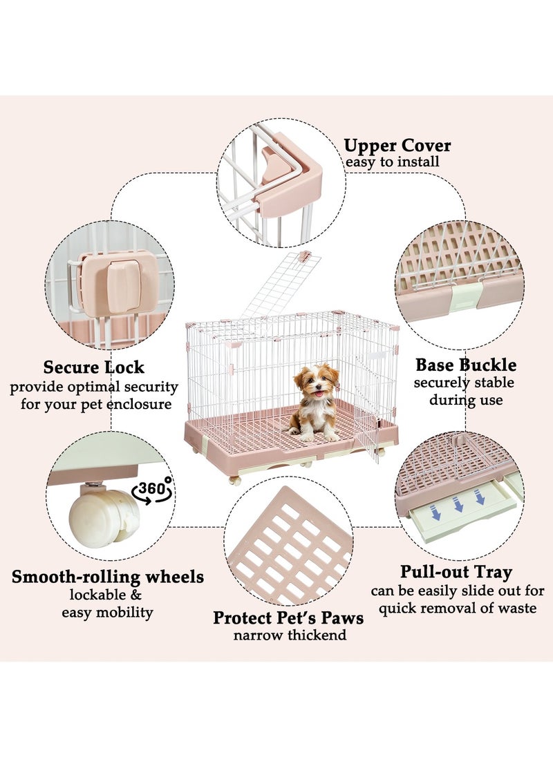 Pet cage with Top Cover Design, Durable and Sturdy Carbon Steel Wire, Dog and Cat Playpen with Front Door, Pull-out Tray, Universal Wheels, and Secure Locks, Indoor & Outdoor Cage 98 cm (Pink)