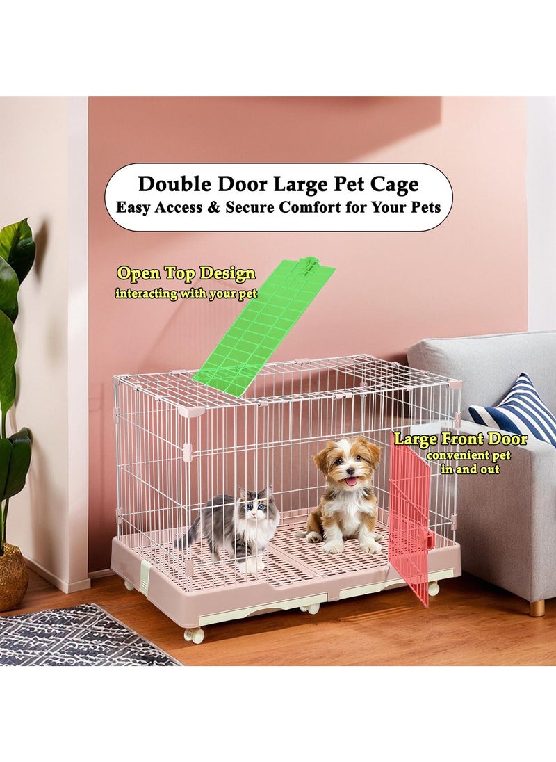 Pet cage with Top Cover Design, Durable and Sturdy Carbon Steel Wire, Dog and Cat Playpen with Front Door, Pull-out Tray, Universal Wheels, and Secure Locks, Indoor & Outdoor Cage 98 cm (Pink)