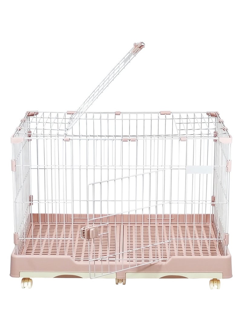 Pet cage with Top Cover Design, Durable and Sturdy Carbon Steel Wire, Dog and Cat Playpen with Front Door, Pull-out Tray, Universal Wheels, and Secure Locks, Indoor & Outdoor Cage 98 cm (Pink)