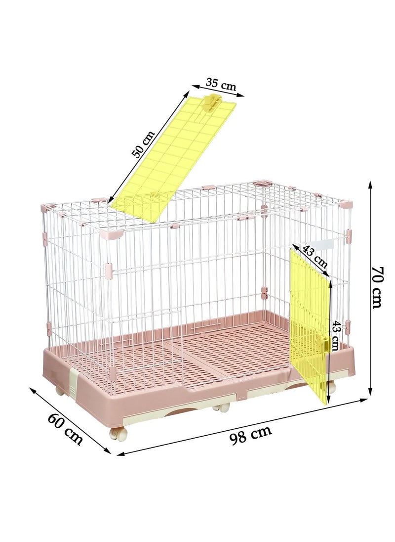 Pet cage with Top Cover Design, Durable and Sturdy Carbon Steel Wire, Dog and Cat Playpen with Front Door, Pull-out Tray, Universal Wheels, and Secure Locks, Indoor & Outdoor Cage 98 cm (Pink)