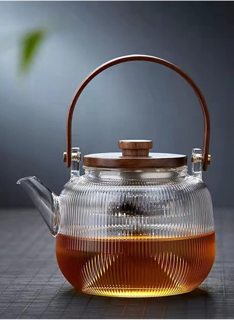 800ML walnut glass teapot for steaming and cooking, vertically patterned tea pot with high borosilicate content, can be used for thermal power steaming and cooking, making it a great gift