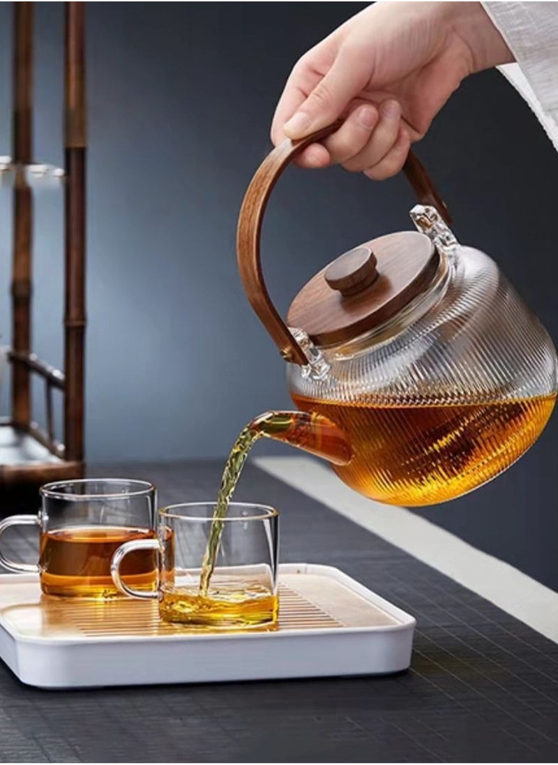 800ML walnut glass teapot for steaming and cooking, vertically patterned tea pot with high borosilicate content, can be used for thermal power steaming and cooking, making it a great gift