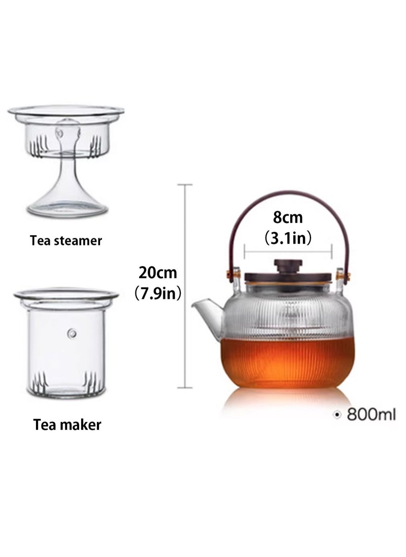 800ML walnut glass teapot for steaming and cooking, vertically patterned tea pot with high borosilicate content, can be used for thermal power steaming and cooking, making it a great gift