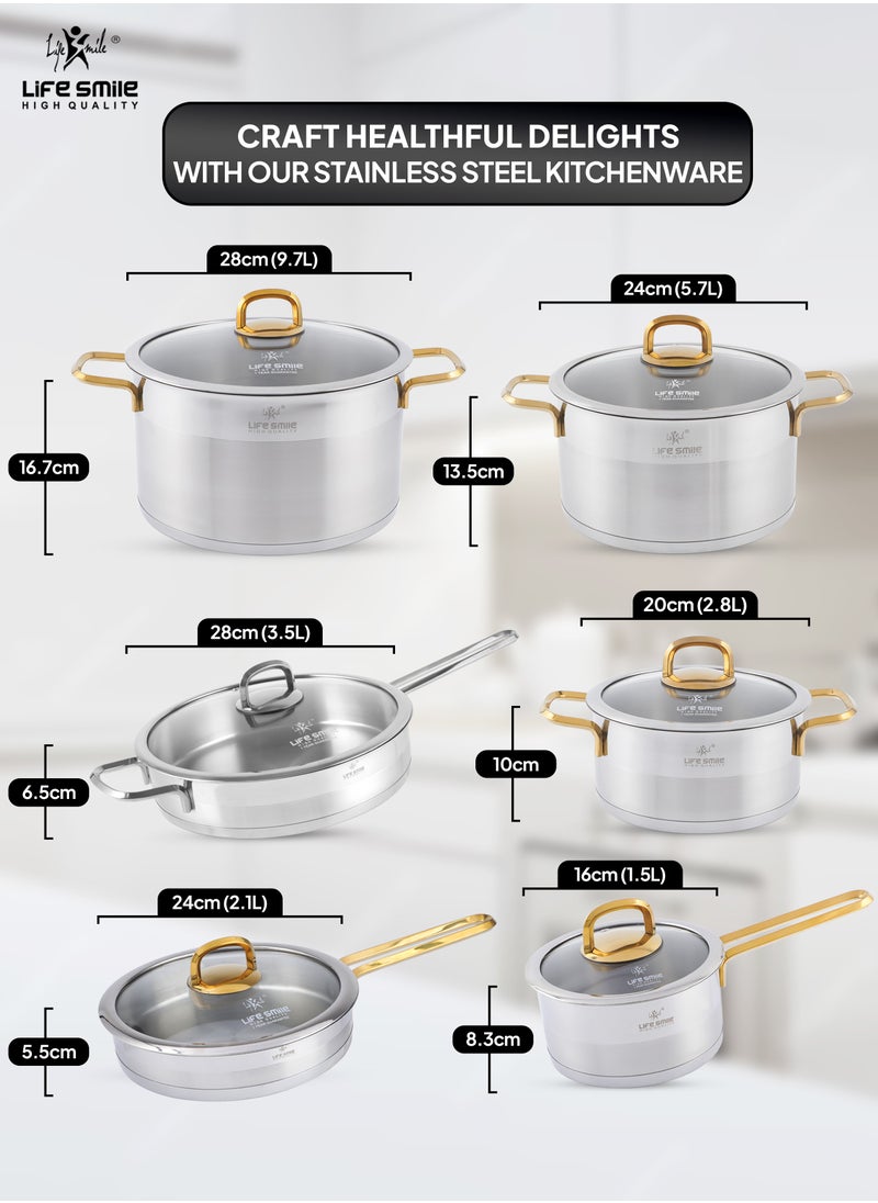 Cookware Set 12 Pieces - Pure 18/10 Stainless Steel Cooking Set - Induction Base Pots and Pans Set - Non-Toxic, 100% PFOA, PTFE & PFOS Free - Oven Safe Kitchen Cookware Sets (Gold)