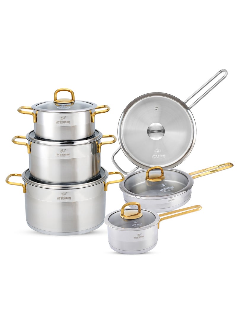 Cookware Set 12 Pieces - Pure 18/10 Stainless Steel Cooking Set - Induction Base Pots and Pans Set - Non-Toxic, 100% PFOA, PTFE & PFOS Free - Oven Safe Kitchen Cookware Sets (Gold)