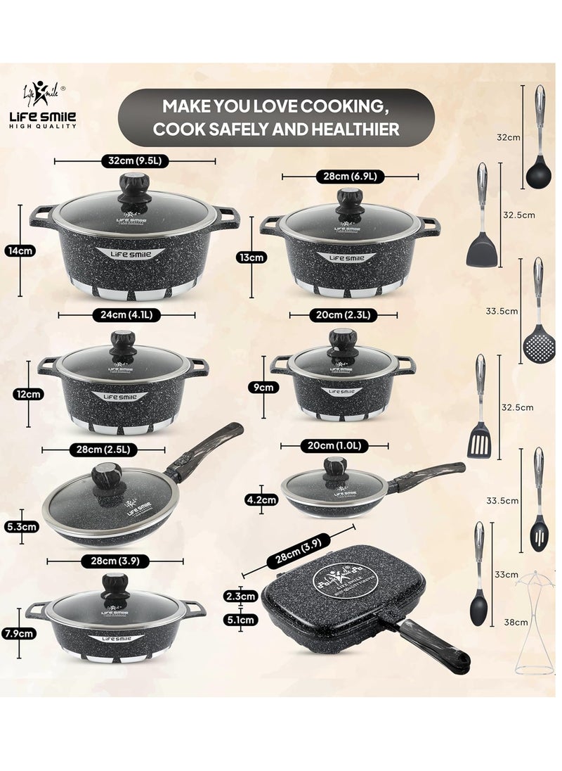 LIFE SMILE Cookware Set Granite Stone - Pots and Pans set Multi Layer Granite Non Stick Coating Cookware Sets 100% PFOA FREE, Kitchenware Cooking Sets and Frying Pans (Black (23 Pieces))