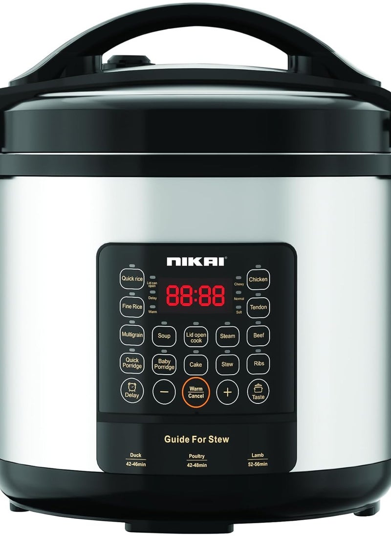 Nikai 1300W Digital Pressure Cooker | 8L Capacity | Multiple Safety Protections | SS Wrapped Body | Aluminum Nonstick Pot | Silver/Black (NEP882DX)