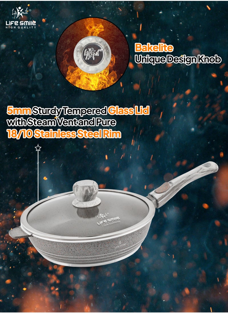 LIFE SMILE Deep Frying Pan With Lid - Multi Layer Granite Coating Non Stick Saute Pan | Stay Cool Handle With Hanging Loop | Oven Safe (Grey,Flame,Detachable Handle, 28 CM(3.6 Liters))