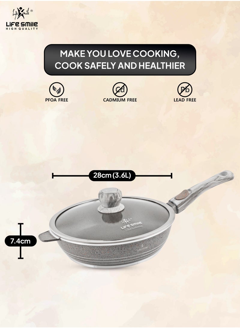 LIFE SMILE Deep Frying Pan With Lid - Multi Layer Granite Coating Non Stick Saute Pan | Stay Cool Handle With Hanging Loop | Oven Safe (Grey,Flame,Detachable Handle, 28 CM(3.6 Liters))