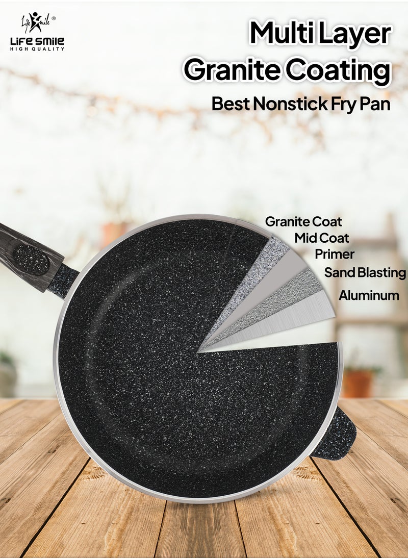 LIFE SMILE Deep Frying Pan With Lid - Multi Layer Granite Coating Non Stick Saute Pan | Stay Cool Handle With Hanging Loop | Oven Safe (Black,Detachable Handle, 28 CM(3.6 Liters))