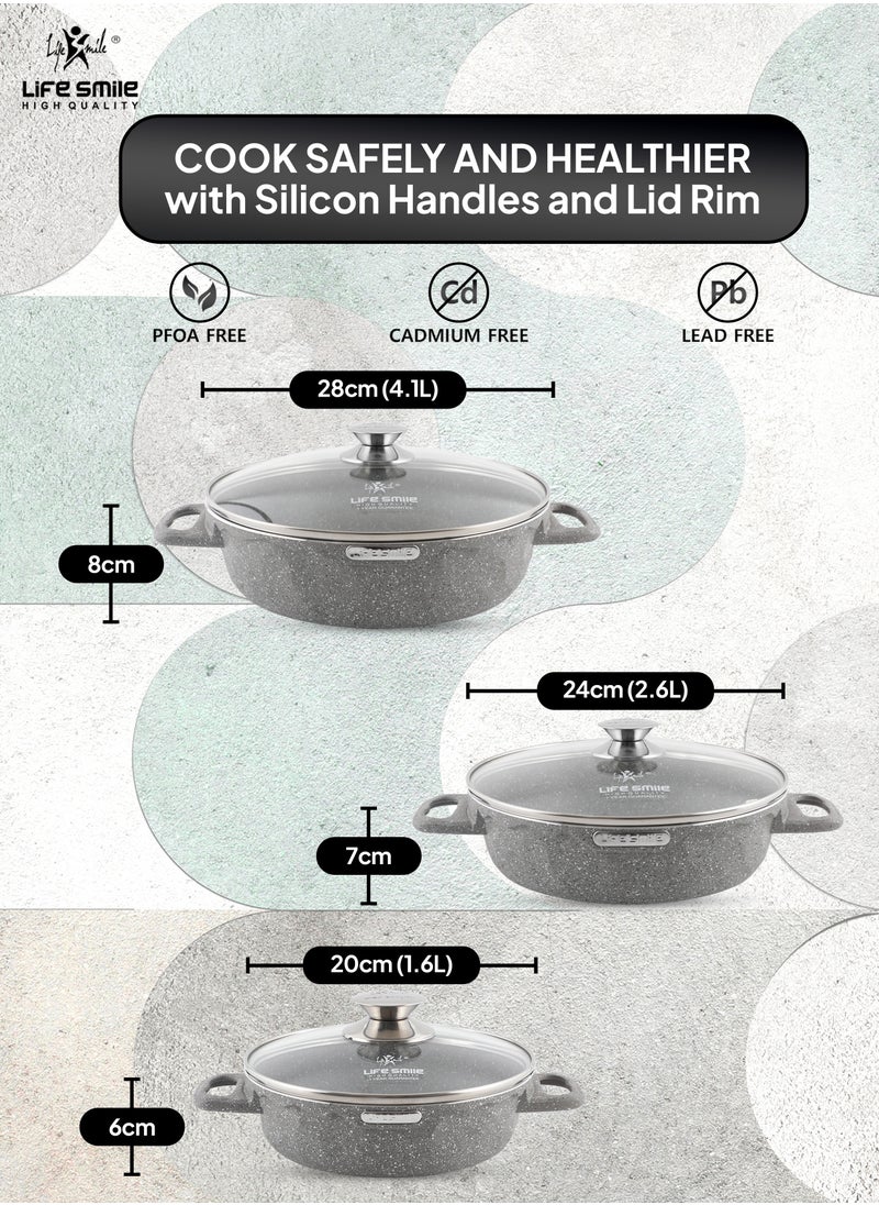 LIFE SMILE Shallow Pots Set with Lid | 100% PFOA FREE | Non Stick Granite Coating Frying Pans set | Oven Safe | Double Handle (Grey (Induction Base), 20/24/28 CM)