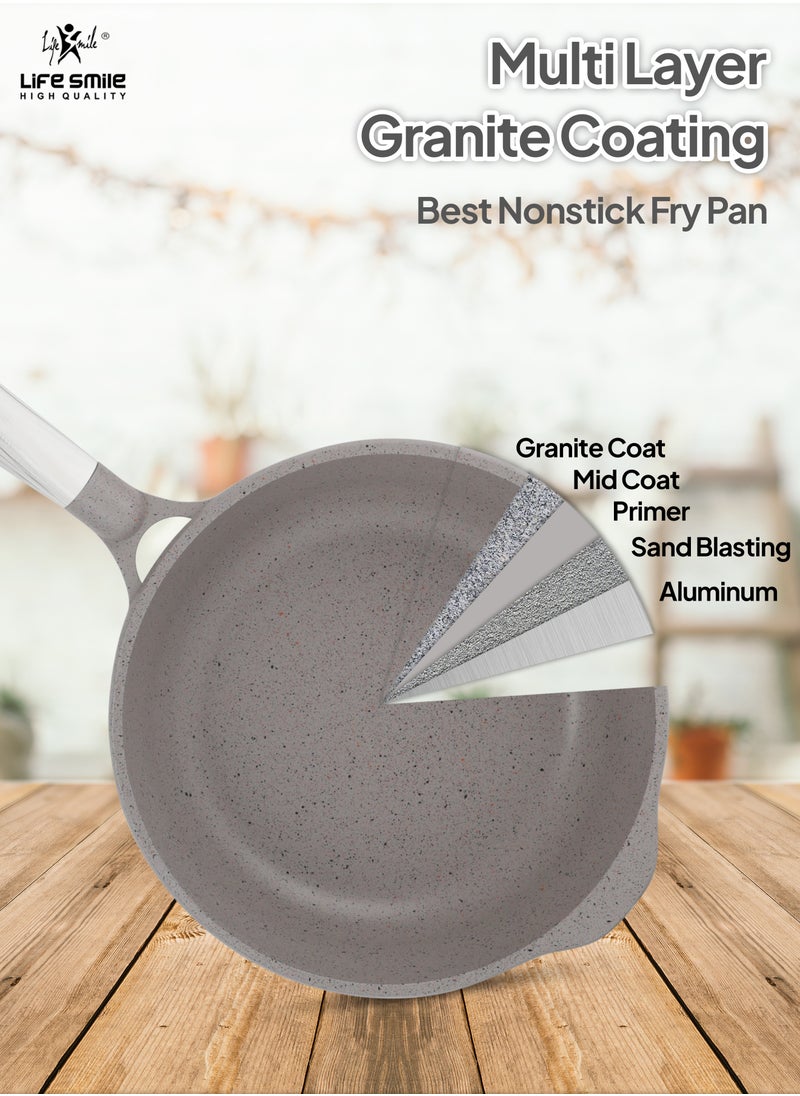 LIFE SMILE Deep Frying Pan With Lid - Multi Layer Granite Coating Non Stick Saute Pan | Stay Cool Handle With Hanging Loop | Oven Safe (Grey,Flame, 24 CM(2.7 Liter,Induction))